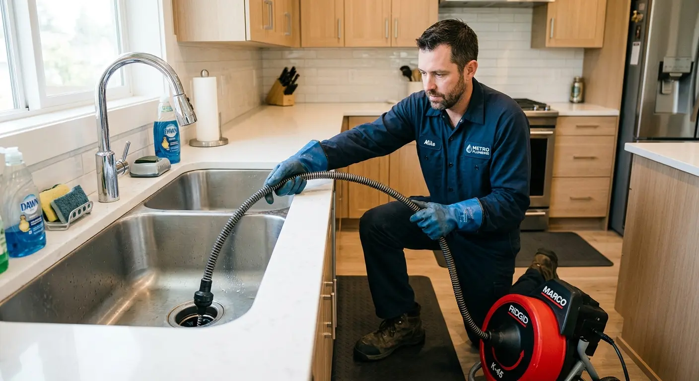 Drain cleaning technician using a motorized snake on a kitchen sink in Golden Hills