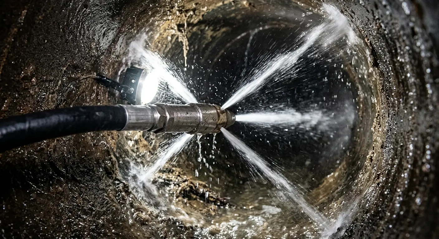 High-pressure hydro jetting nozzle cleaning sewer pipe for Emergency Drain Service in Golden Hills