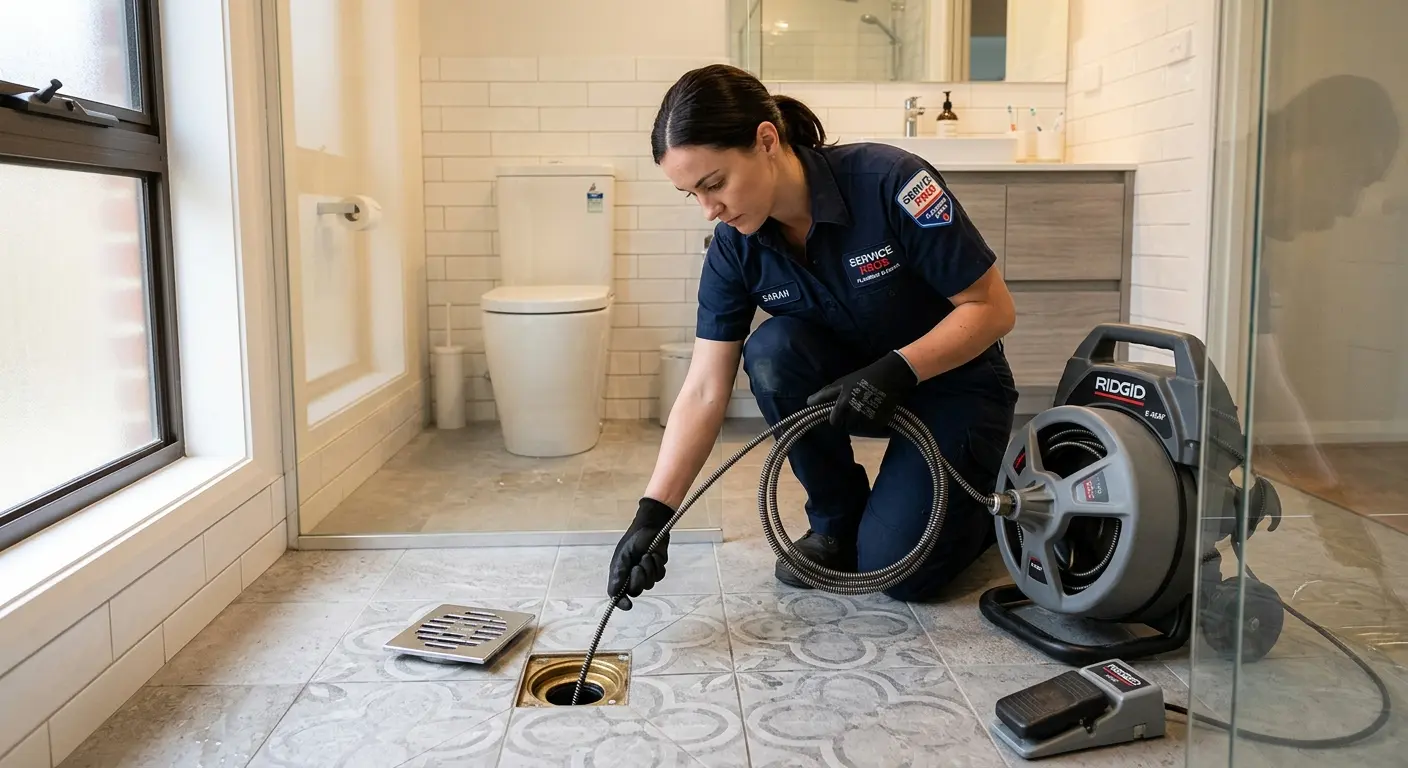 Technician clearing a bathroom floor drain for Sewer Line Replacement in Golden Hills